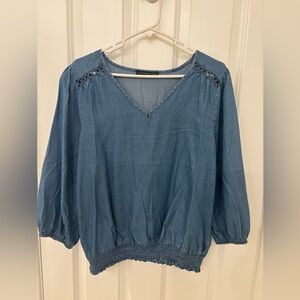 Adrienne Vittadini Light Blue Denim V-Neck Smocked Hem Blouse